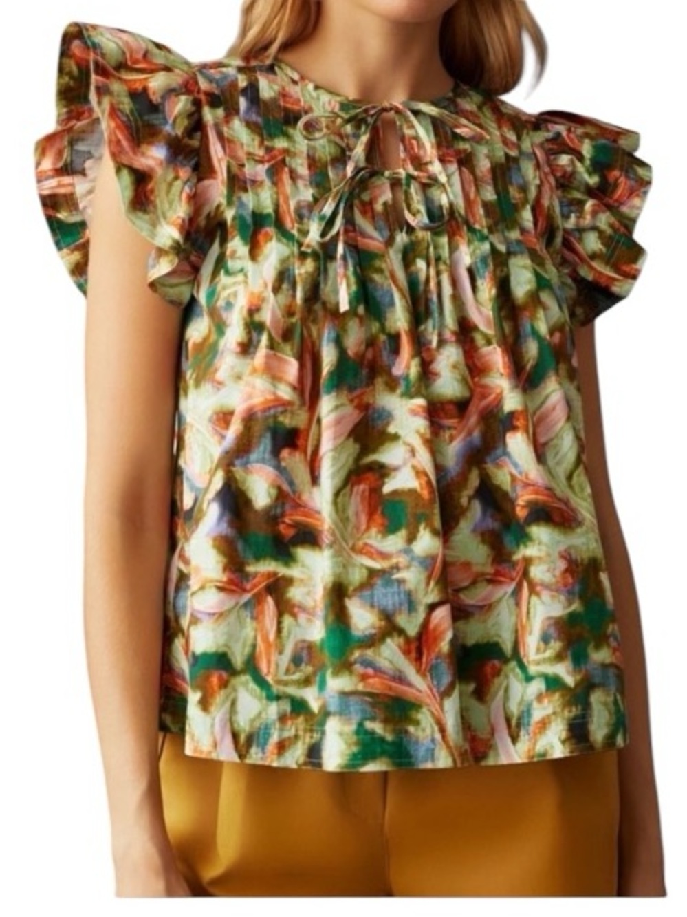 LN Marie Oliver Quinn Abstract Floral Print Tie Front Ruffle Top in Daffodil  XS